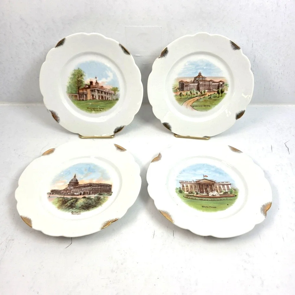 Vintage GKH Bavaria Washington DC Souvenir Plates Set‎ of 4 Scalloped Gold 6.5